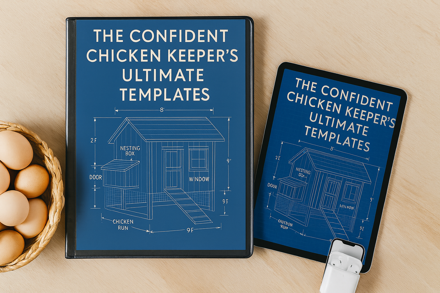 Mockup of The Confident Chicken Keeper's Ultimate Templates in a binder and on an iPad
